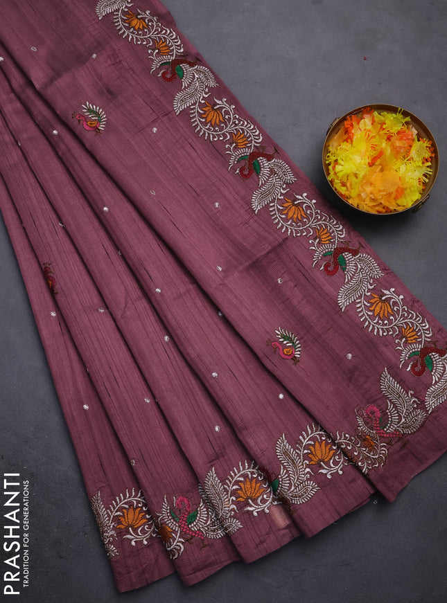 Semi raw silk saree pastel maroon with embroidery work buttas and annam design embroidery border