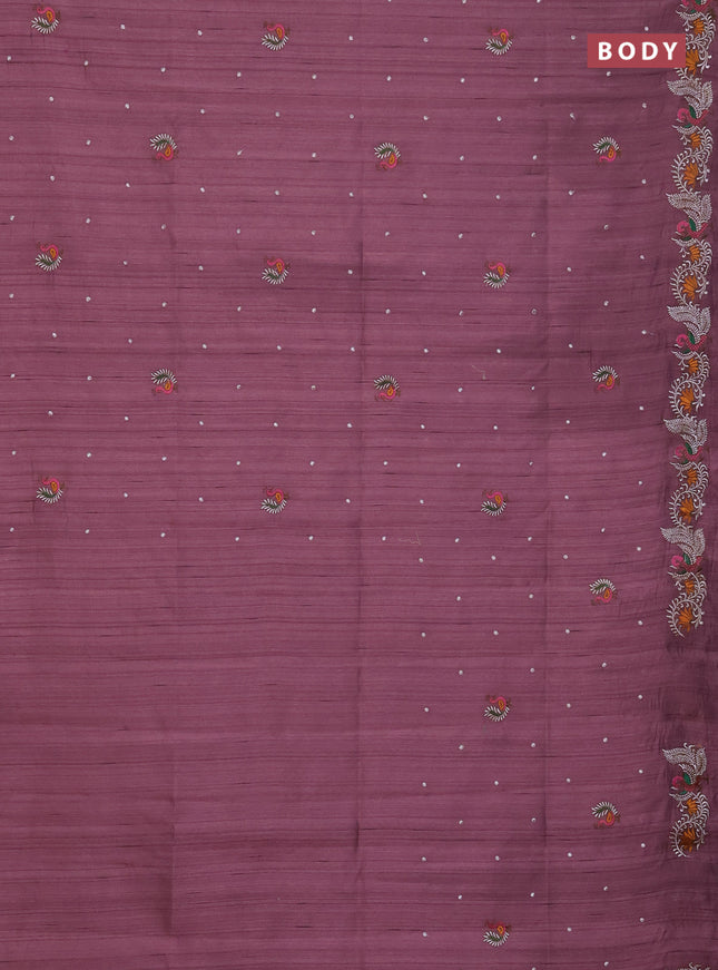 Semi raw silk saree pastel maroon with embroidery work buttas and annam design embroidery border