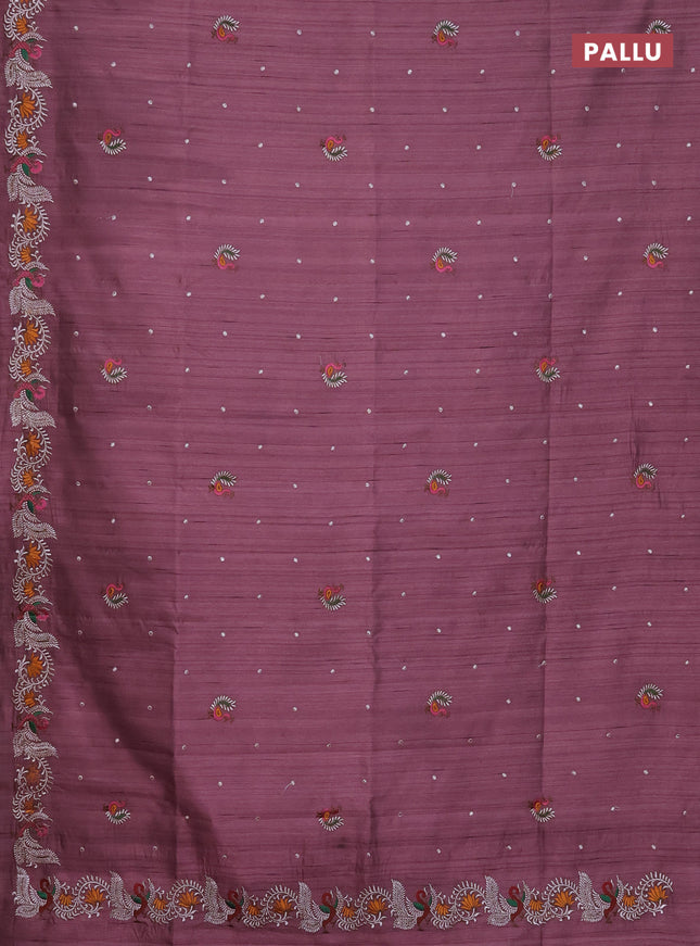 Semi raw silk saree pastel maroon with embroidery work buttas and annam design embroidery border