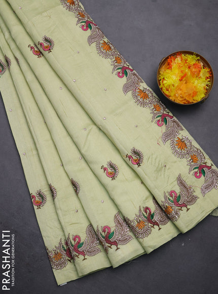 Semi raw silk saree mild pista green with embroidery work buttas and annam design embroidery border