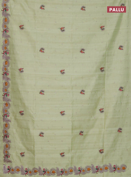 Semi raw silk saree mild pista green with embroidery work buttas and annam design embroidery border