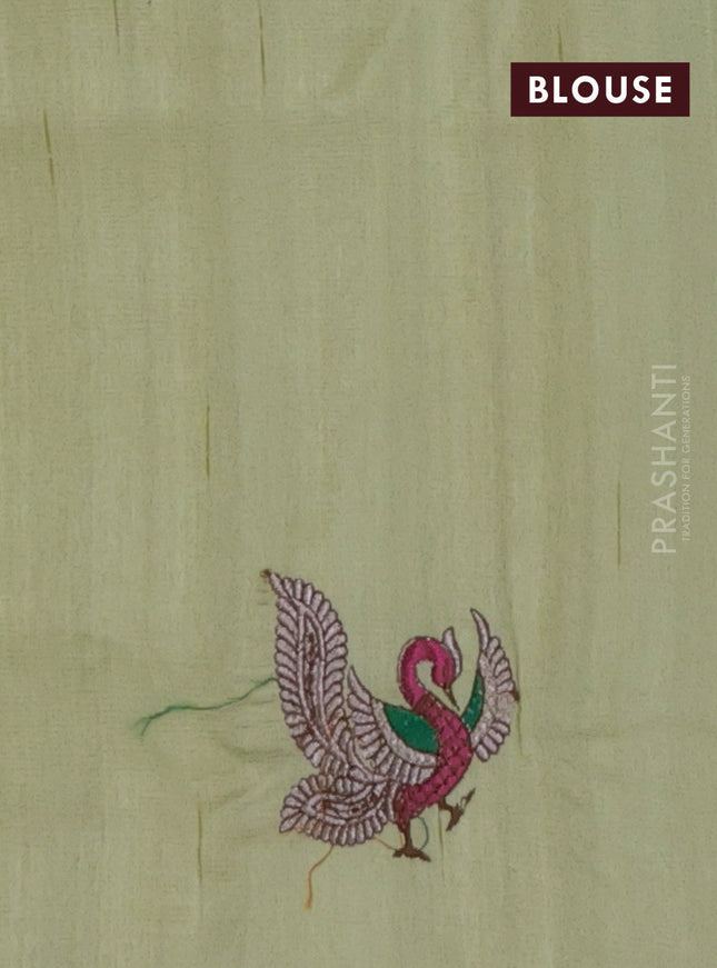 Semi raw silk saree mild pista green with embroidery work buttas and annam design embroidery border