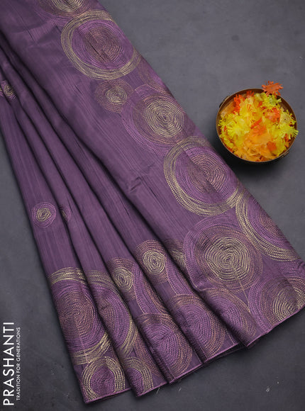 Semi raw silk saree pastel purple with embroidery work buttas and geometric design embroidery border