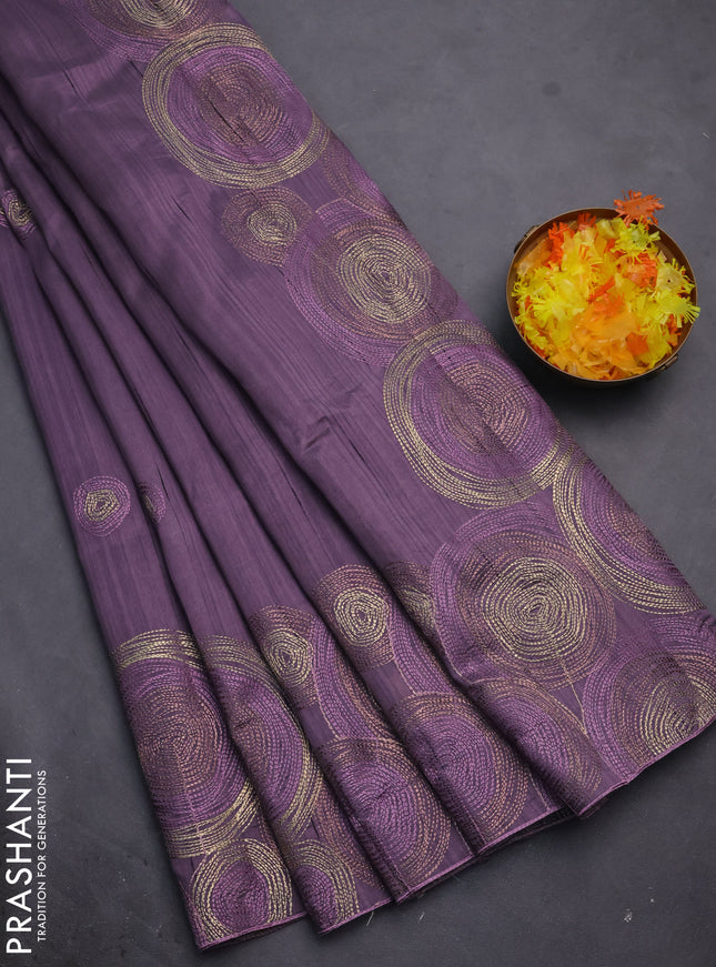 Semi raw silk saree pastel purple with embroidery work buttas and geometric design embroidery border