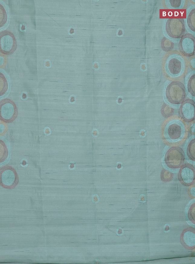 Semi raw silk saree pastel green with embroidery work buttas and geometric design embroidery border