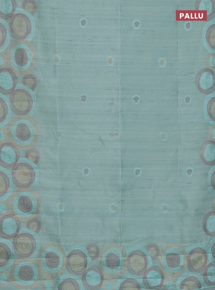 Semi raw silk saree pastel green with embroidery work buttas and geometric design embroidery border