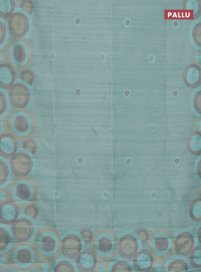 Semi raw silk saree pastel green with embroidery work buttas and geometric design embroidery border