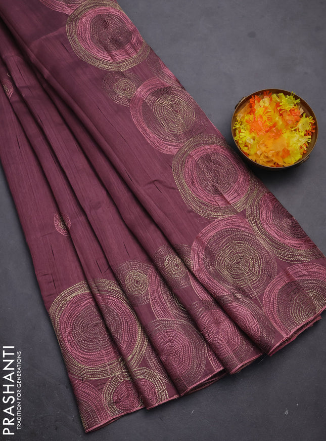 Semi raw silk saree pastel maroon with embroidery work buttas and geometric design embroidery border