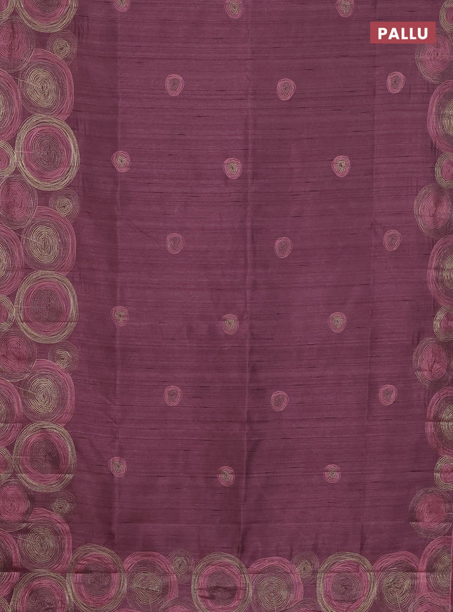 Semi raw silk saree pastel maroon with embroidery work buttas and geometric design embroidery border