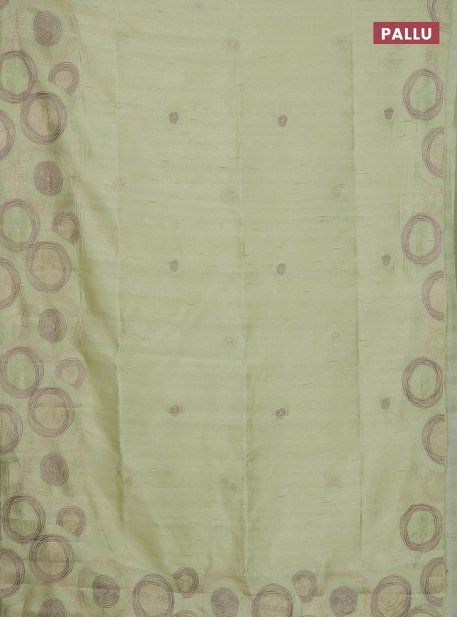 Semi raw silk saree mild pista green with embroidery work buttas and geometric design embroidery border
