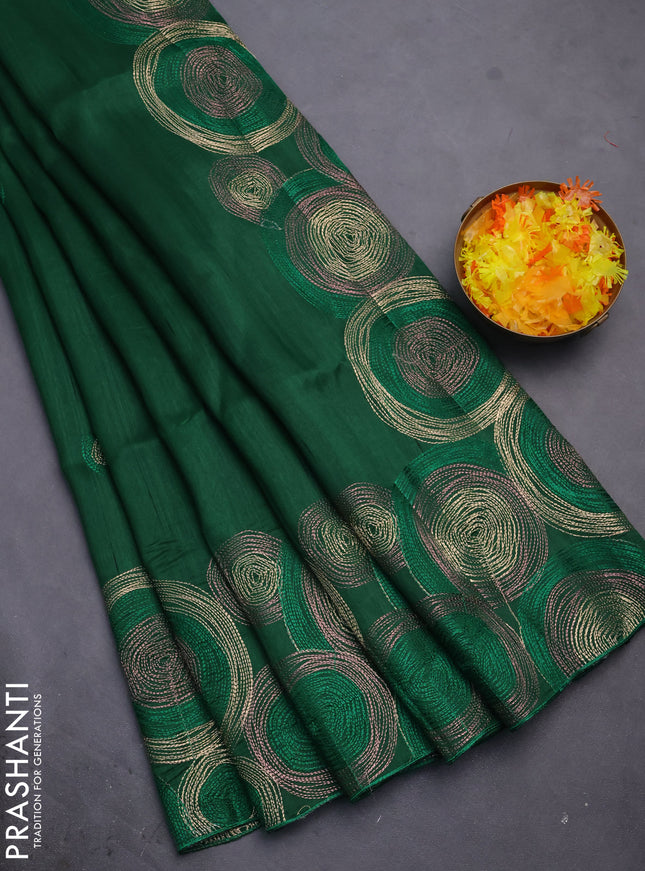Semi raw silk saree green with embroidery work buttas and geometric design embroidery border