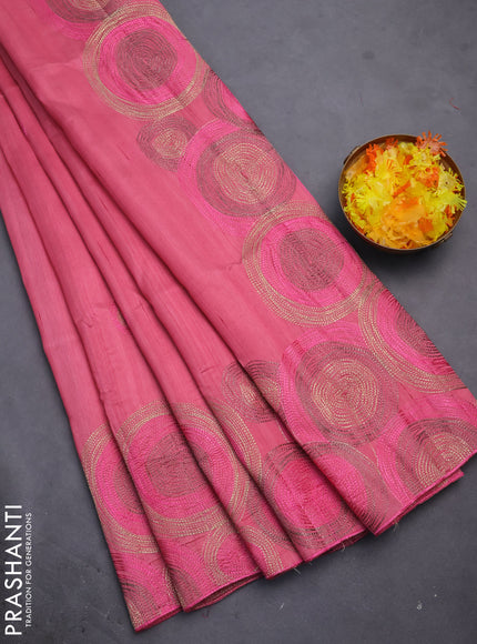 Semi raw silk saree pink with embroidery work buttas and geometric design embroidery border