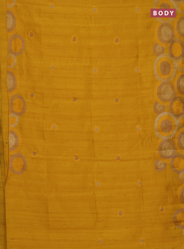 Semi raw silk saree mustard yellow with embroidery work buttas and geometric design embroidery border
