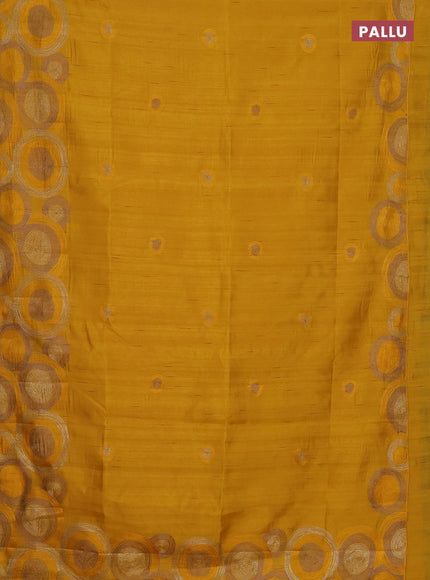 Semi raw silk saree mustard yellow with embroidery work buttas and geometric design embroidery border