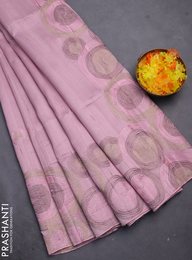 Semi raw silk saree pastel pink with embroidery work buttas and geometric design embroidery border