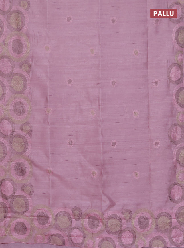Semi raw silk saree pastel pink with embroidery work buttas and geometric design embroidery border