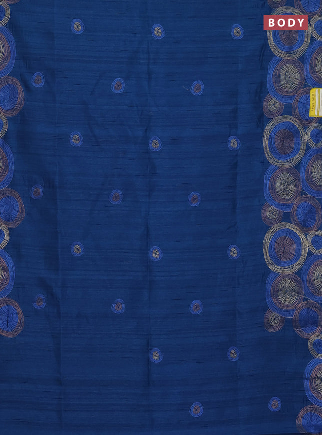 Semi raw silk saree peacock blue with embroidery work buttas and geometric design embroidery border