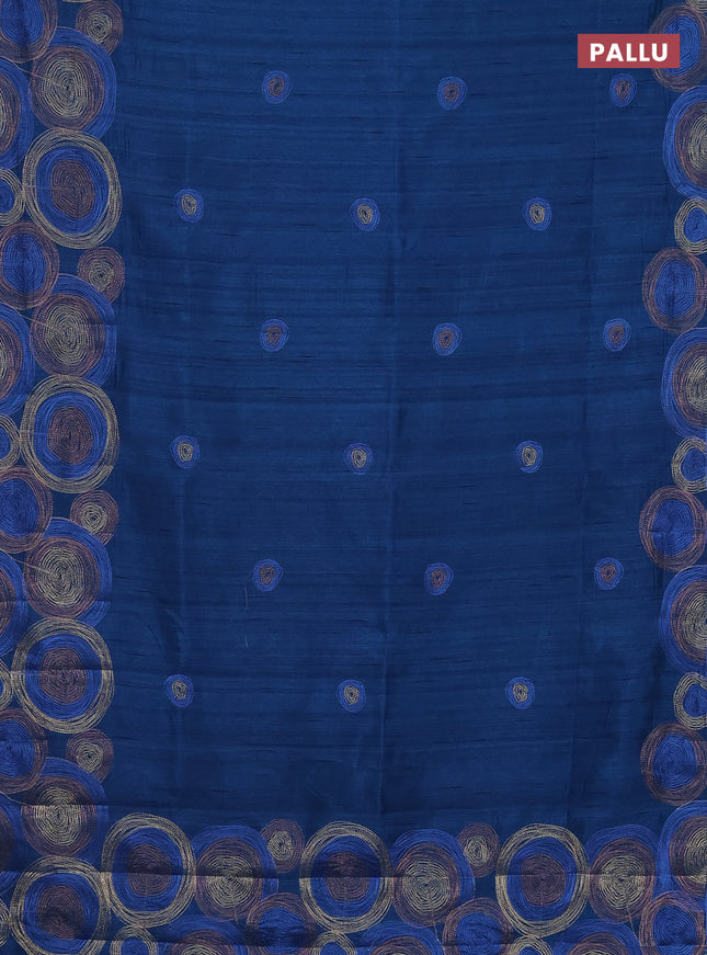 Semi raw silk saree peacock blue with embroidery work buttas and geometric design embroidery border