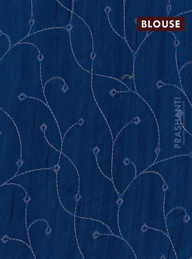 Semi raw silk saree peacock blue with embroidery work buttas and geometric design embroidery border