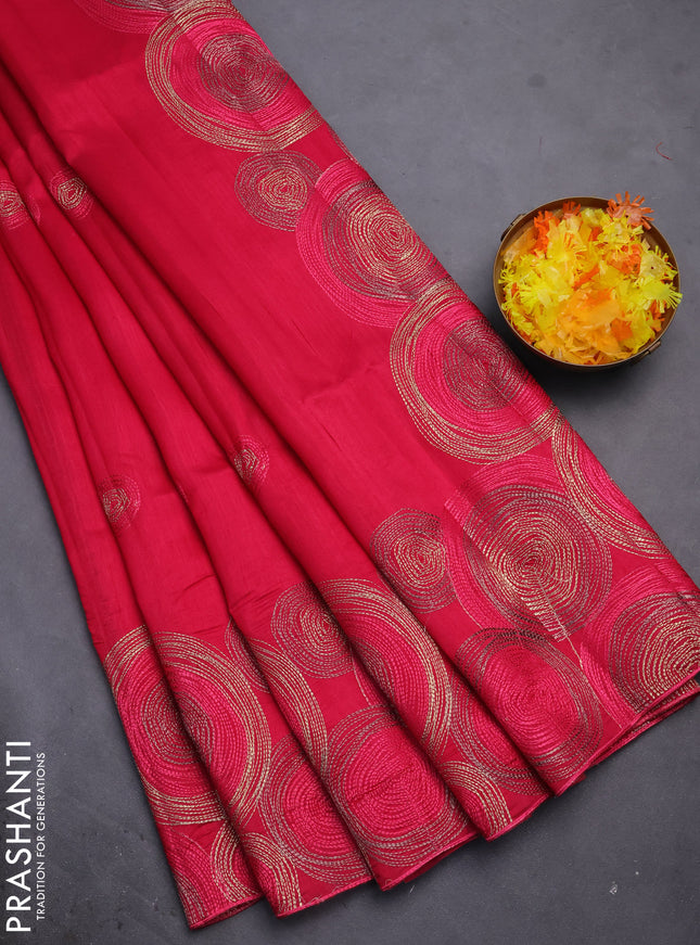 Semi raw silk saree dark pink with embroidery work buttas and geometric design embroidery border