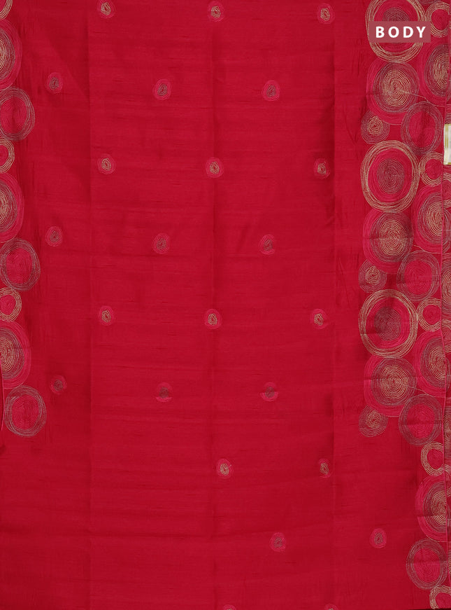 Semi raw silk saree dark pink with embroidery work buttas and geometric design embroidery border