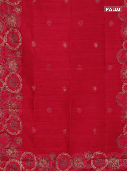 Semi raw silk saree dark pink with embroidery work buttas and geometric design embroidery border