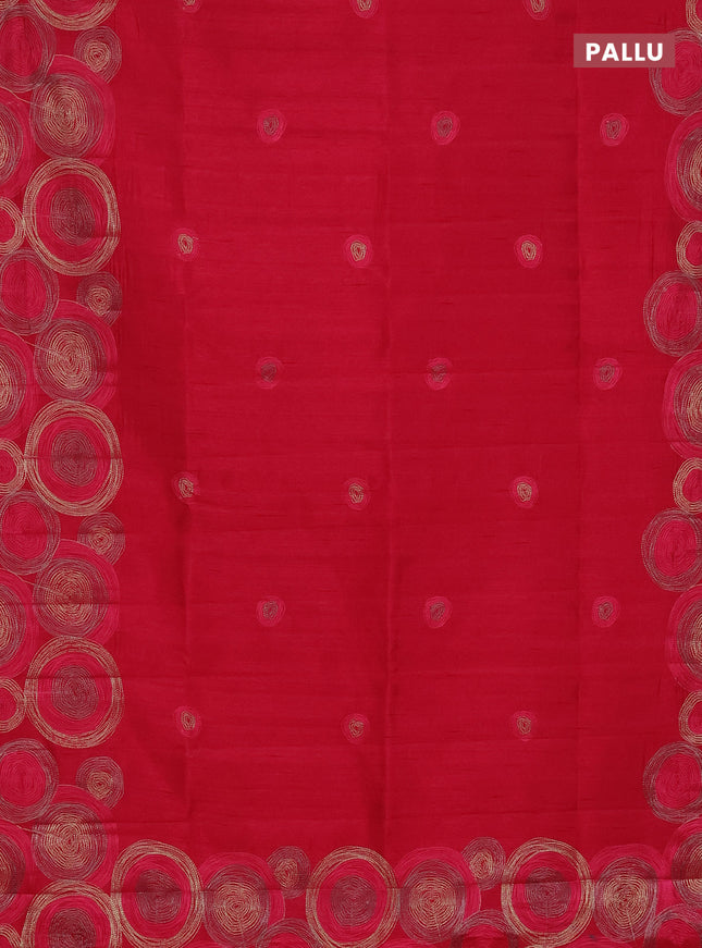 Semi raw silk saree dark pink with embroidery work buttas and geometric design embroidery border