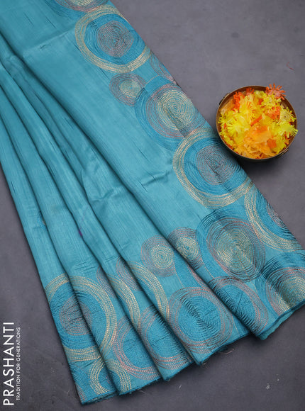 Semi raw silk saree teal green shade with embroidery work buttas and geometric design embroidery border