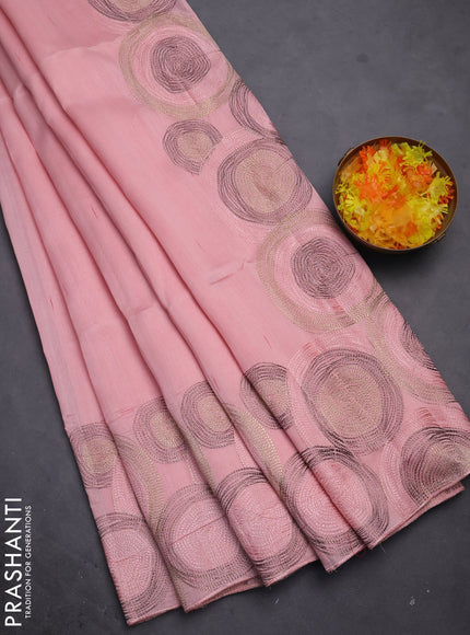Semi raw silk saree peach shade with embroidery work buttas and geometric design embroidery border