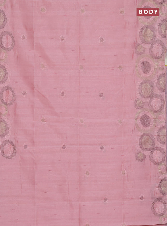 Semi raw silk saree peach shade with embroidery work buttas and geometric design embroidery border