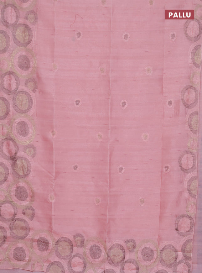 Semi raw silk saree peach shade with embroidery work buttas and geometric design embroidery border