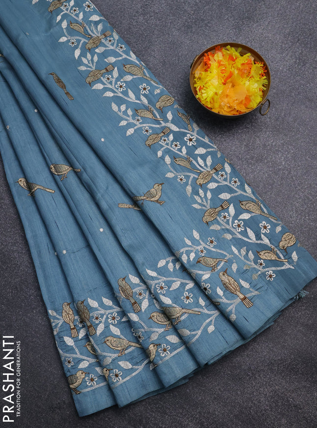 Semi raw silk saree pastel blue with embroidery work buttas and embroidery border
