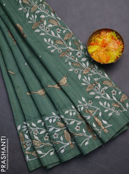 Semi raw silk saree green with embroidery work buttas and embroidery border