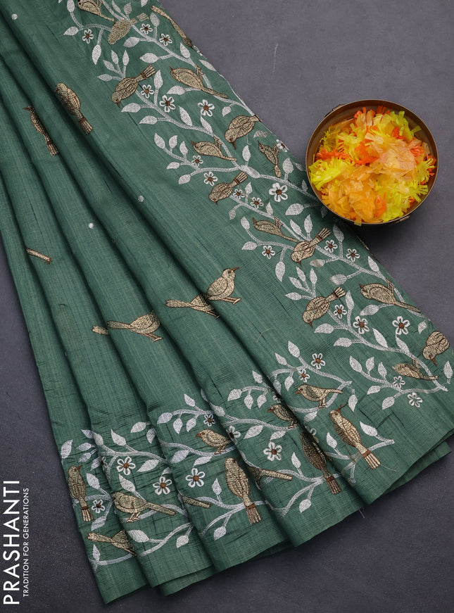 Semi raw silk saree green with embroidery work buttas and embroidery border