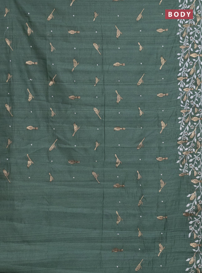 Semi raw silk saree green with embroidery work buttas and embroidery border