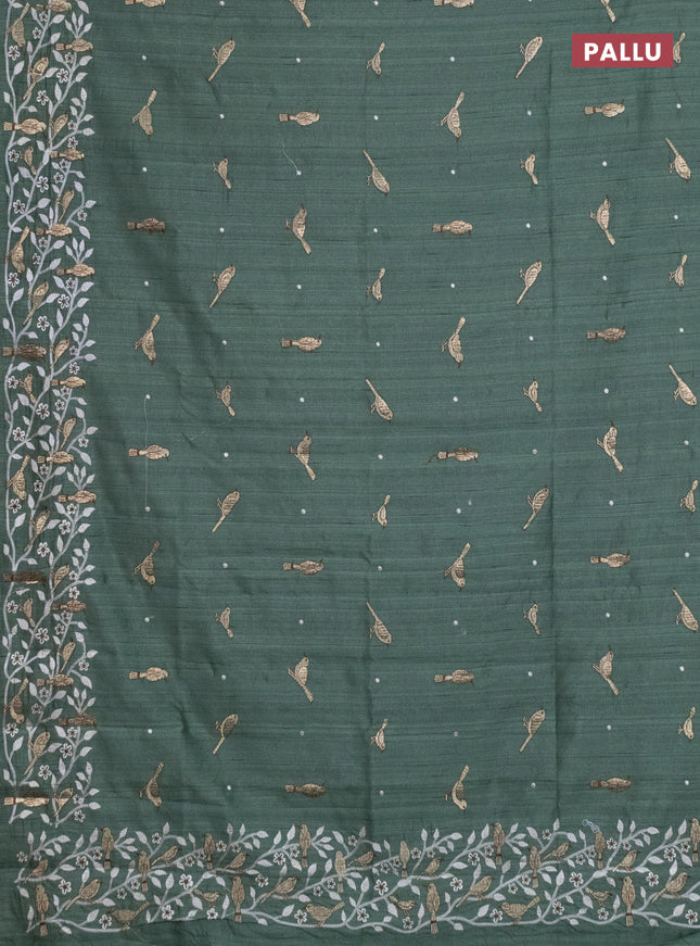 Semi raw silk saree green with embroidery work buttas and embroidery border