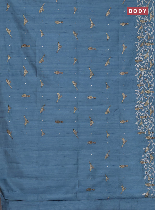 Semi raw silk saree pastel blue with embroidery work buttas and embroidery border
