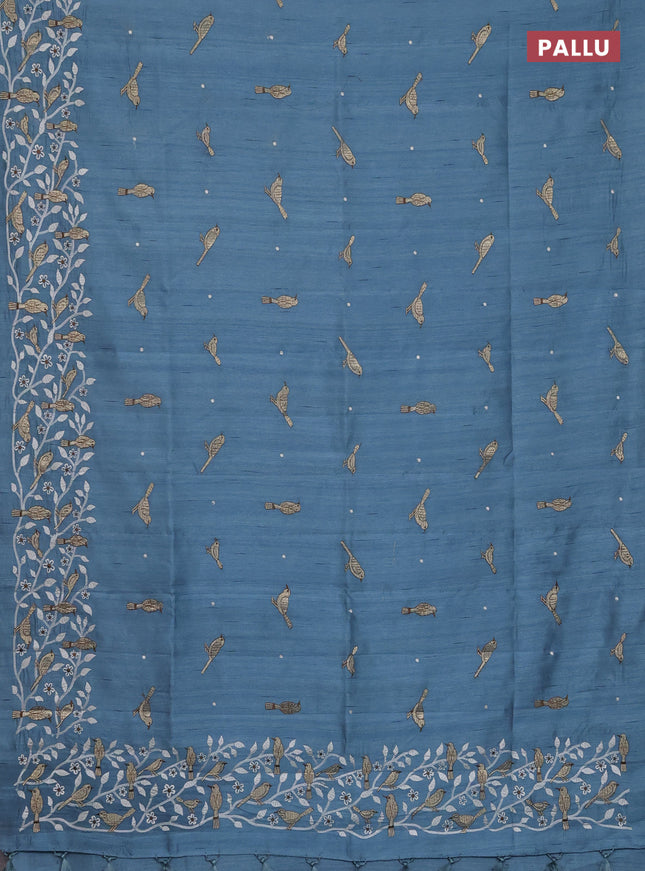Semi raw silk saree pastel blue with embroidery work buttas and embroidery border