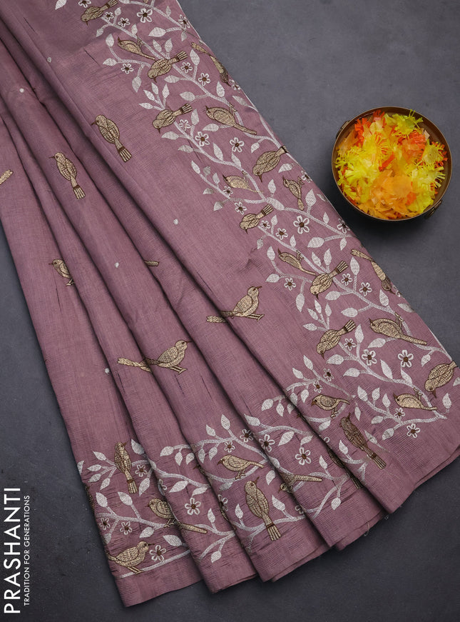 Semi raw silk saree mauve pink with embroidery work buttas and embroidery border