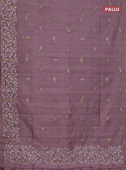 Semi raw silk saree mauve pink with embroidery work buttas and embroidery border