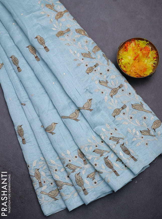 Semi raw silk saree pastel blue with embroidery work buttas and embroidery border