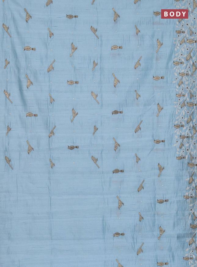 Semi raw silk saree pastel blue with embroidery work buttas and embroidery border