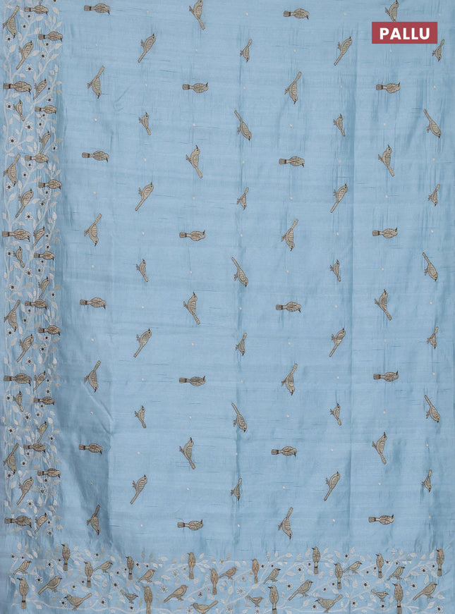 Semi raw silk saree pastel blue with embroidery work buttas and embroidery border