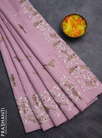 Semi raw silk saree pastel pink with embroidery work buttas and embroidery border