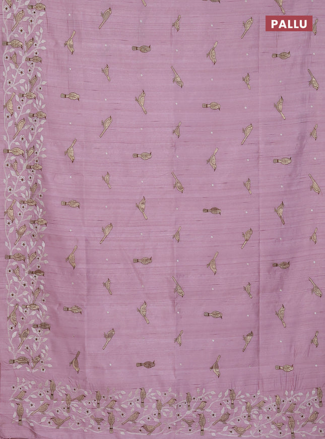 Semi raw silk saree pastel pink with embroidery work buttas and embroidery border