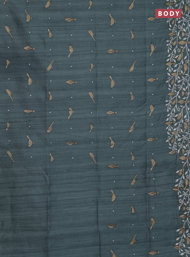 Semi raw silk saree green shade with embroidery work buttas and embroidery border