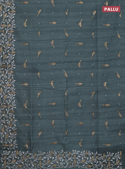 Semi raw silk saree green shade with embroidery work buttas and embroidery border