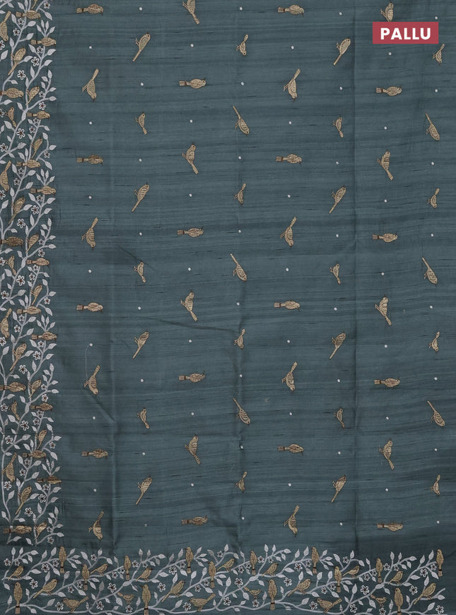 Semi raw silk saree green shade with embroidery work buttas and embroidery border