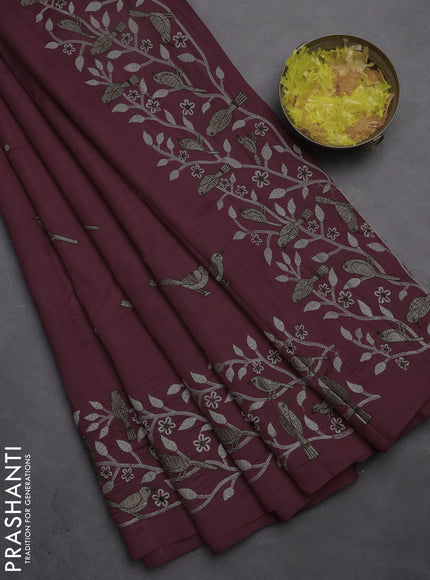 Semi raw silk saree rosy brown with embroidery work buttas and embroidery border