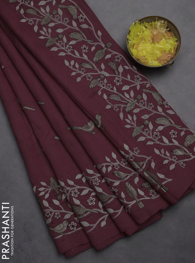 Semi raw silk saree rosy brown with embroidery work buttas and embroidery border